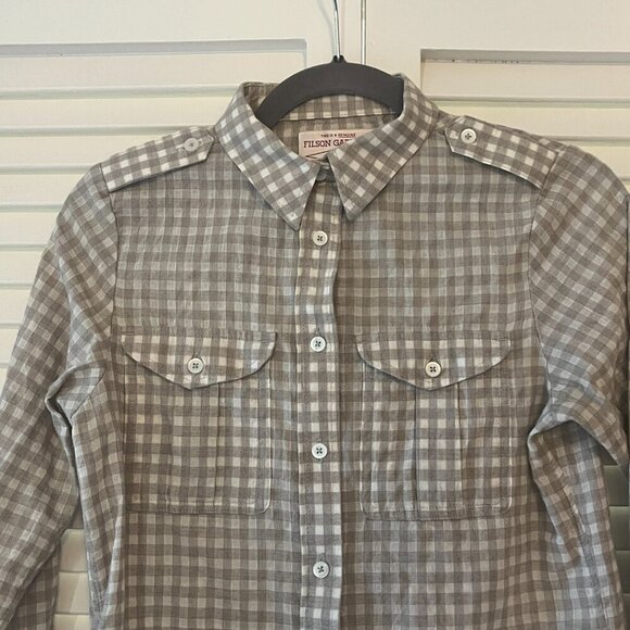Filson buttondown shirt XS women plaid grey taupe beige - Picture 3 of 10